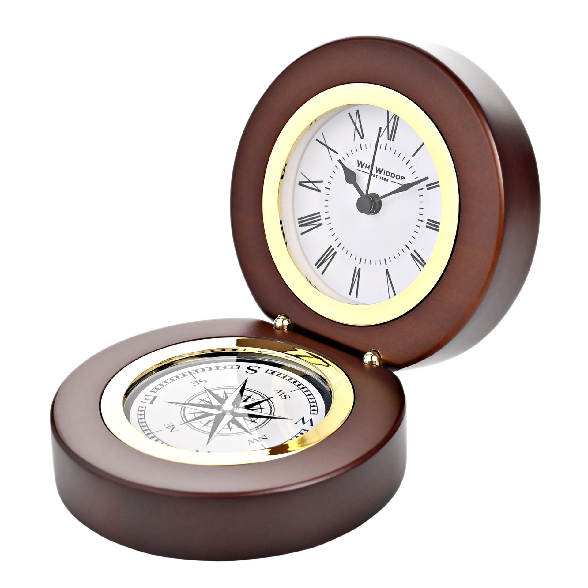 Wm. Widdop Walnut Finish Folding Mantel Clock & Compass