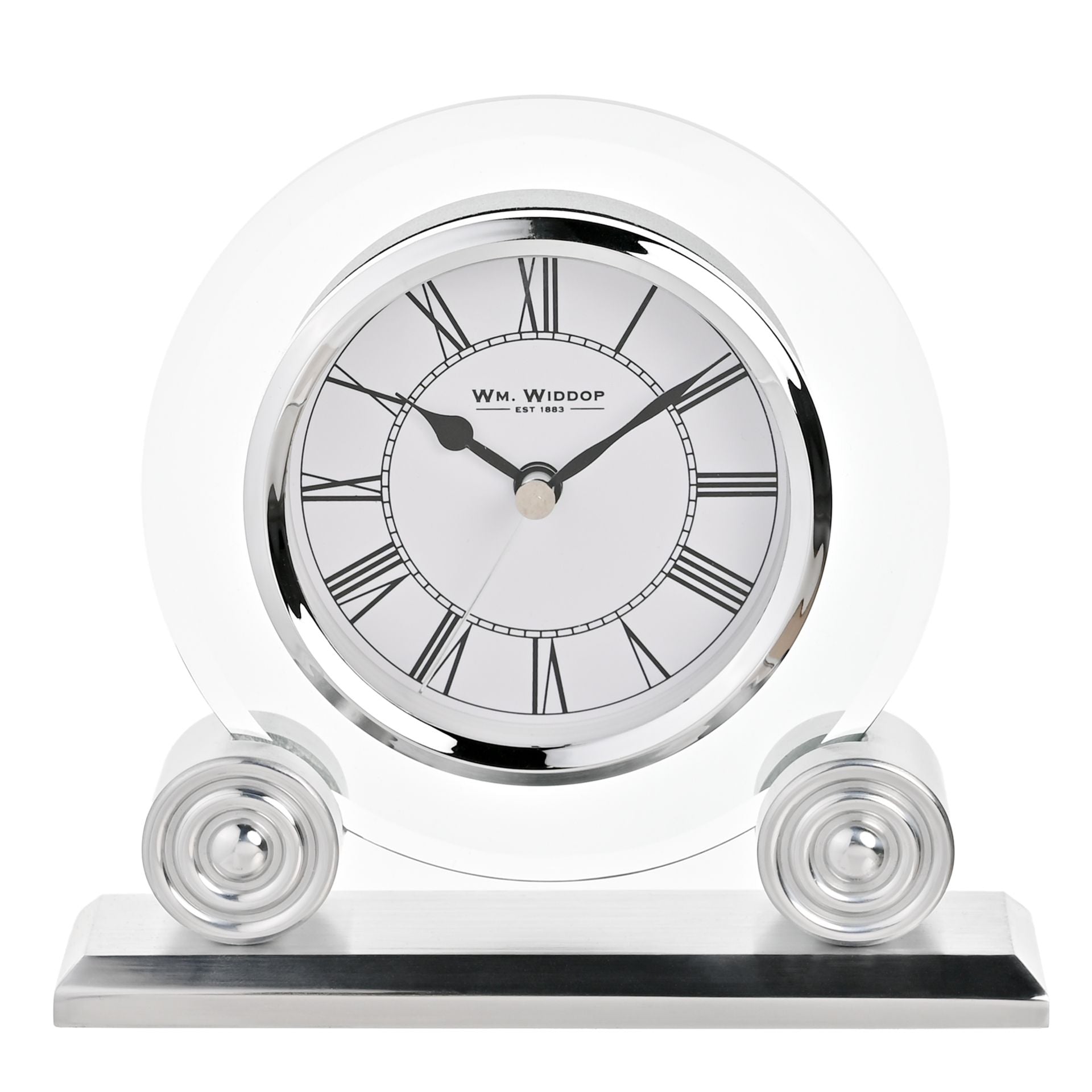 Wm. Widdop Glass & Silver Round Mantel Clock