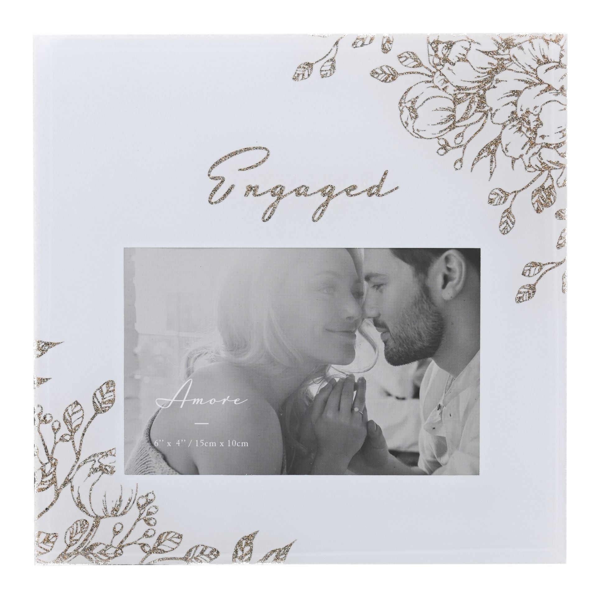 'Engaged' Pale Grey Glass Gold Floral Frame 6" x 4"