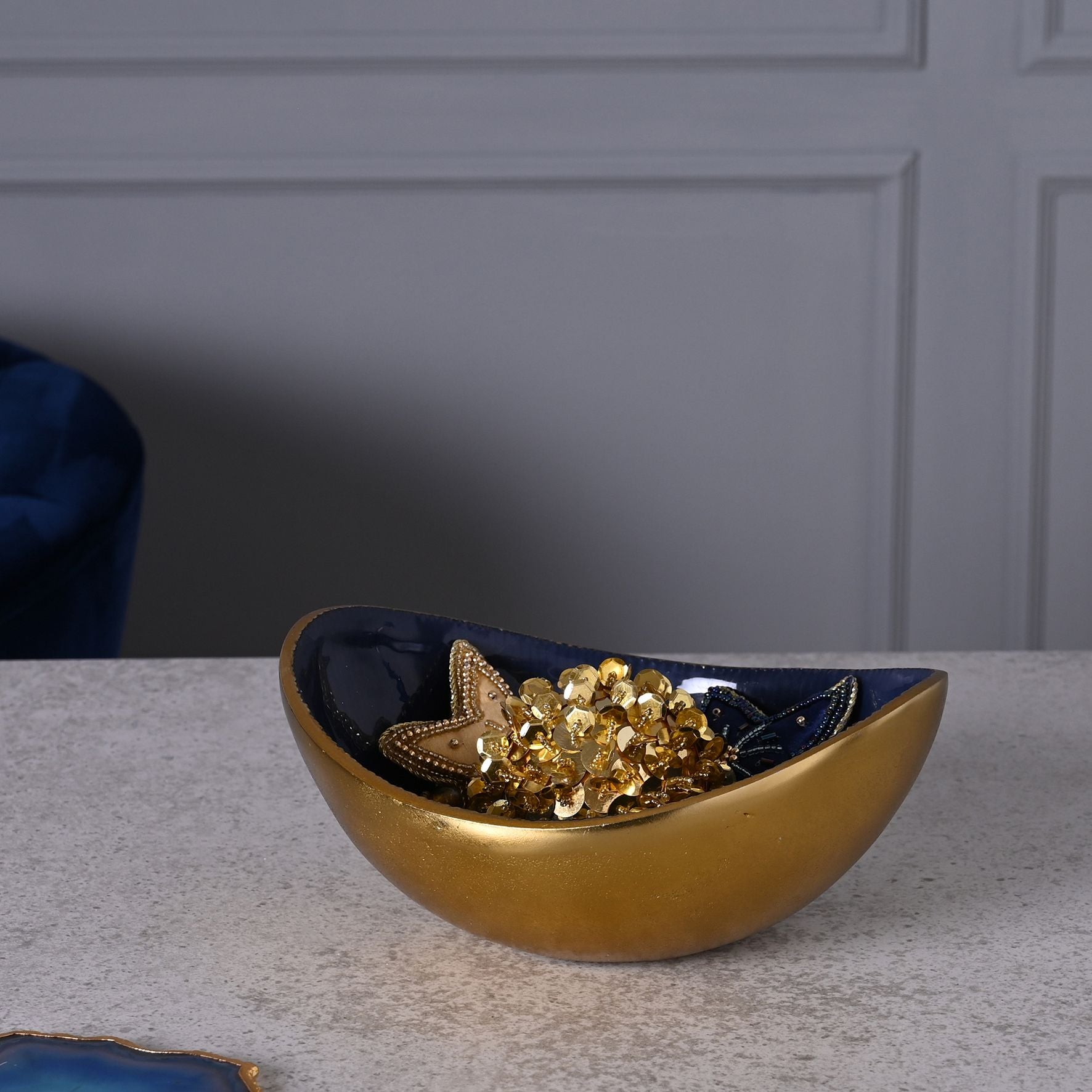 Celestial Gold and Blue Oval Enamel Bowl