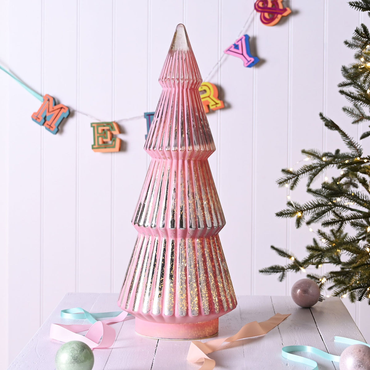 Large Pink Crackle Effect LED Glass Christmas Tree
