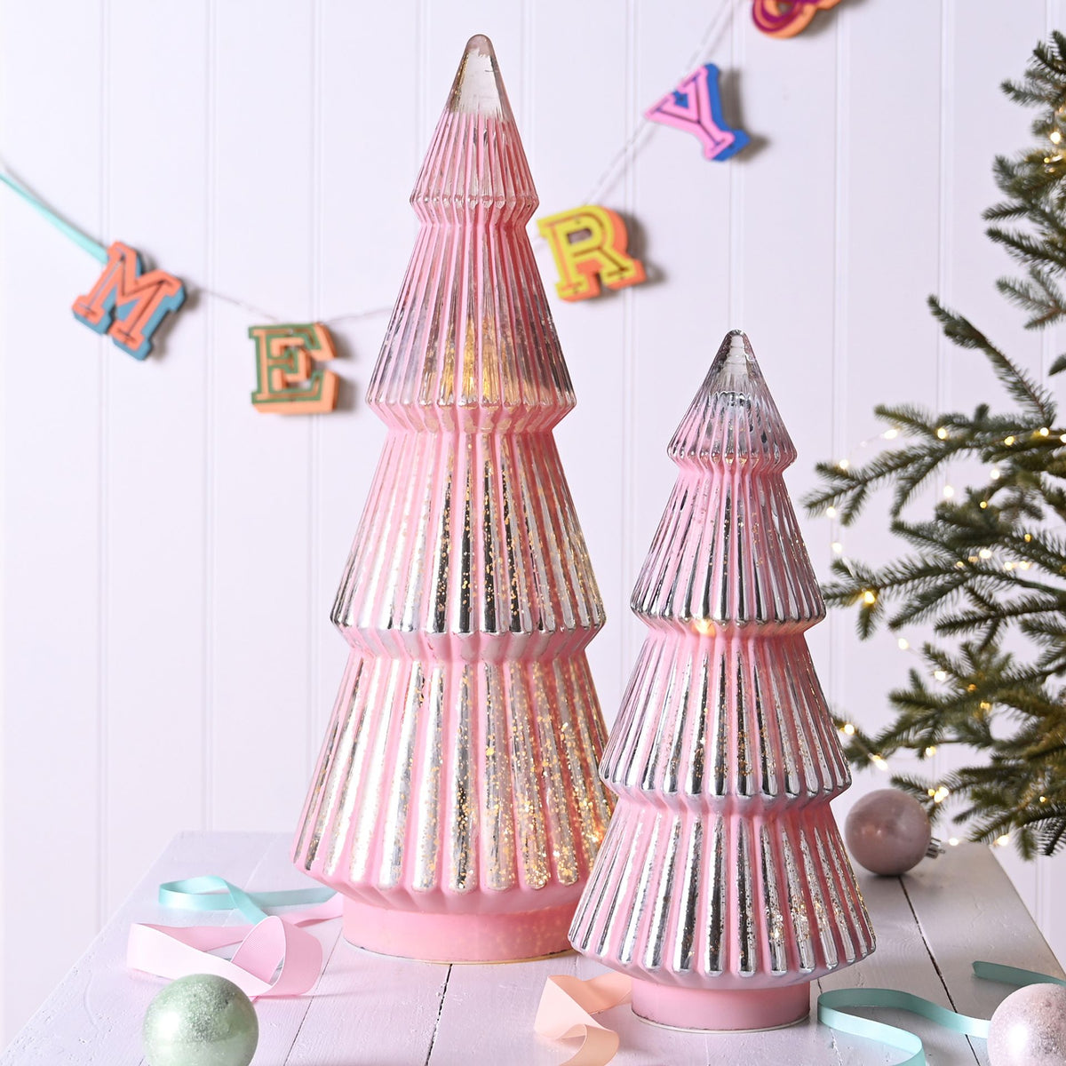 Large Pink Crackle Effect LED Glass Christmas Tree
