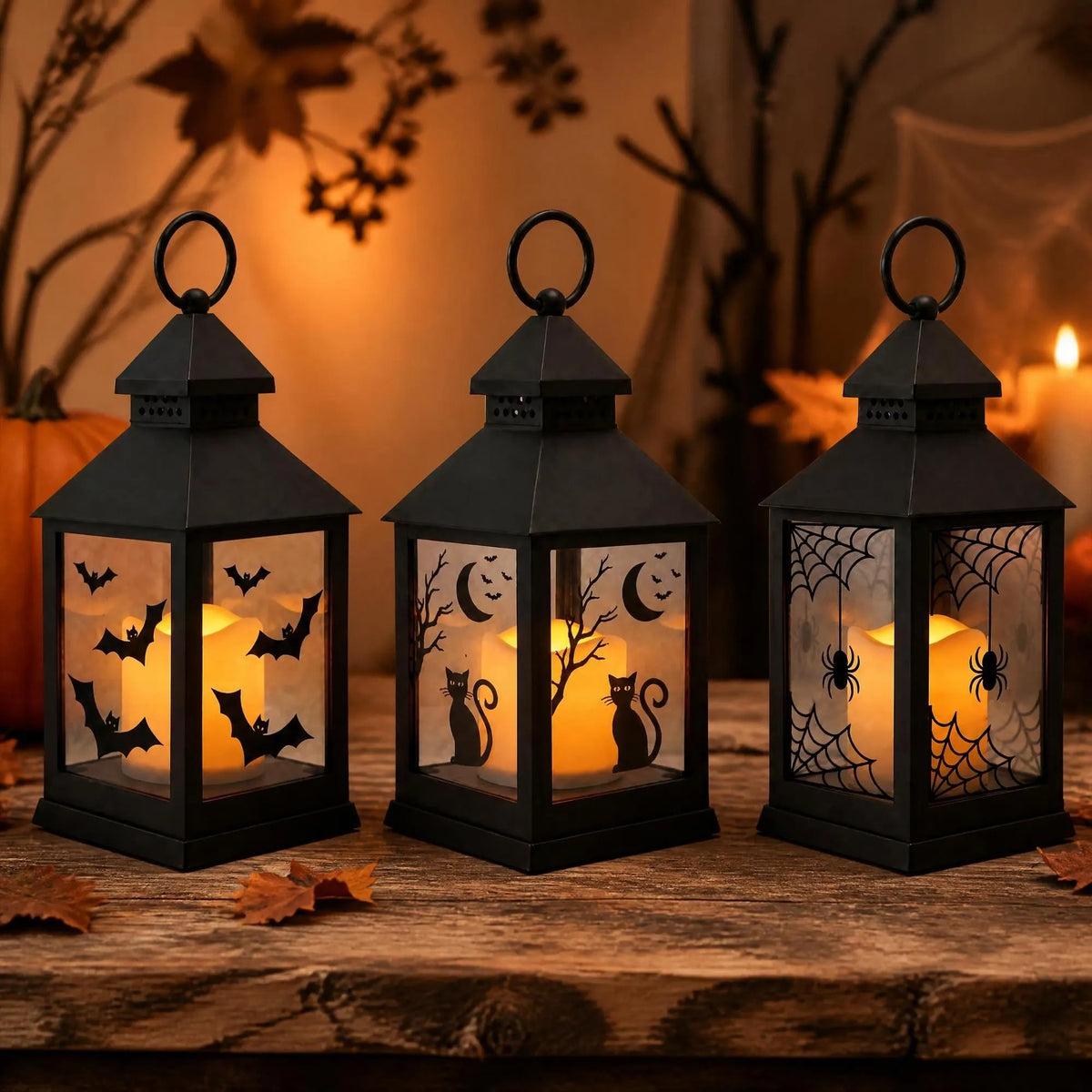 Halloween Black Metal Lantern with Glass – Bats