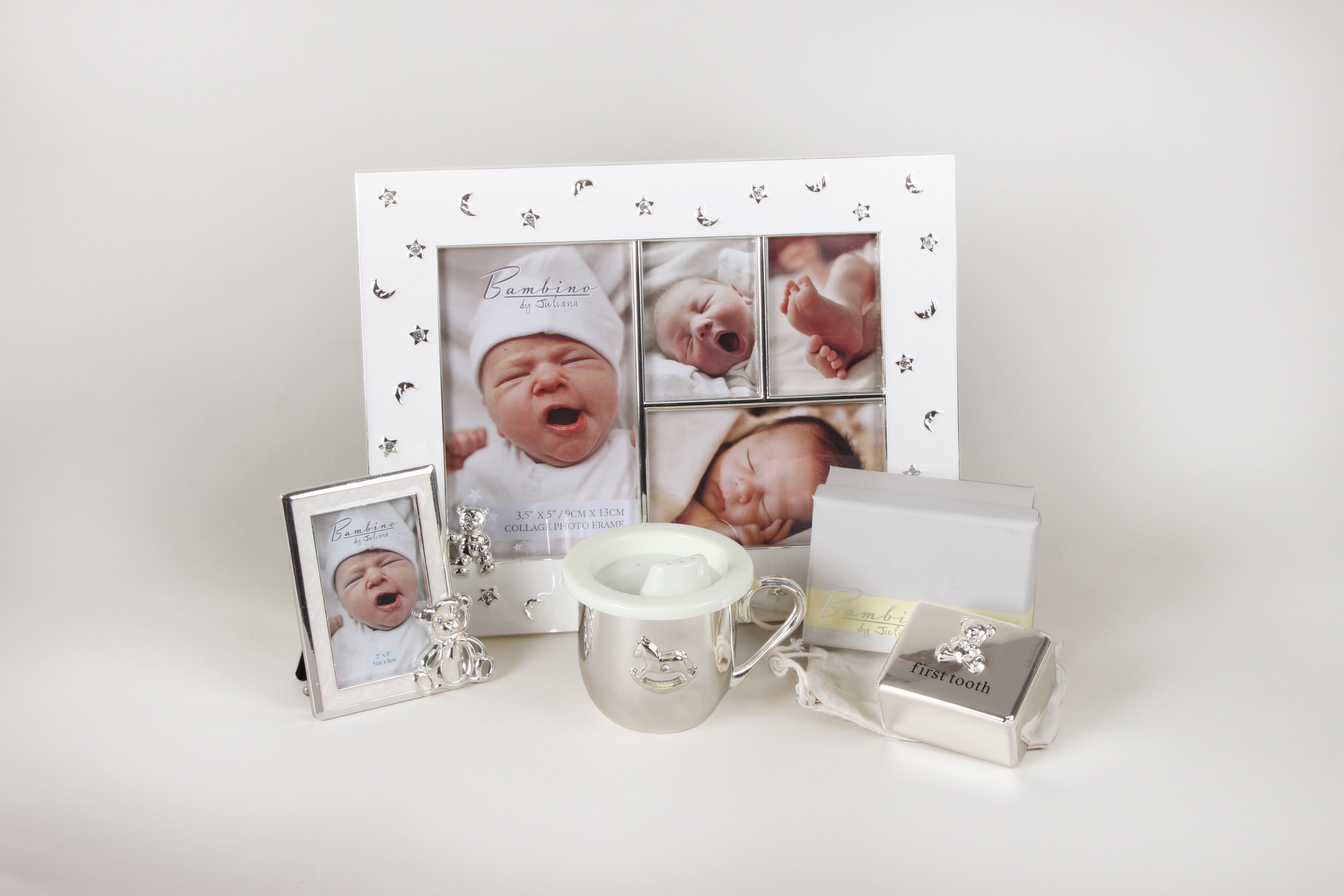 photoframe collage of baby with silver keepsakes