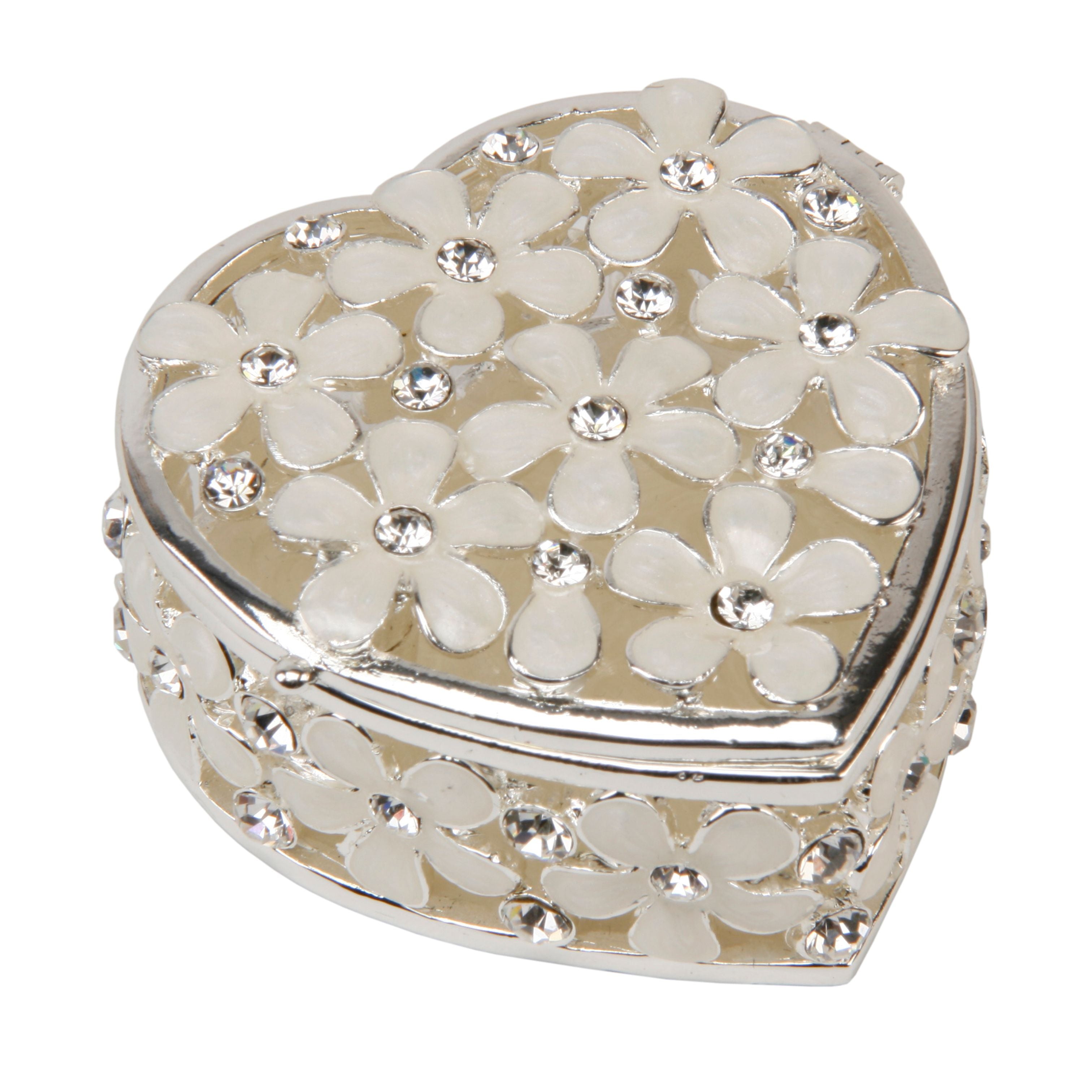 Sophia Heart Shape Trinket Box with Cream Flowers & Crystals