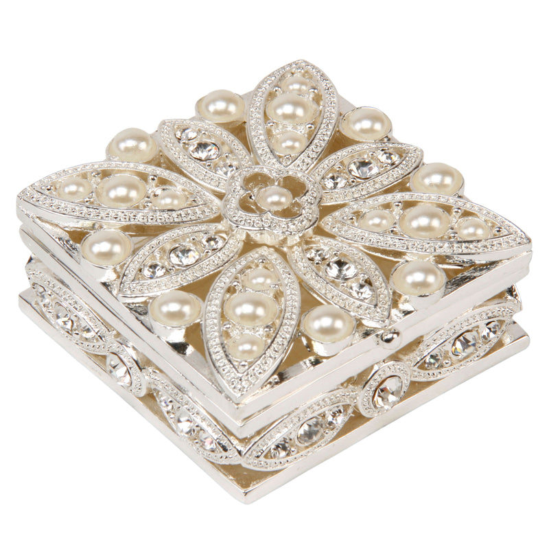 Sophia Square Shape Trinket Box Petal Design Pearls/Crystals