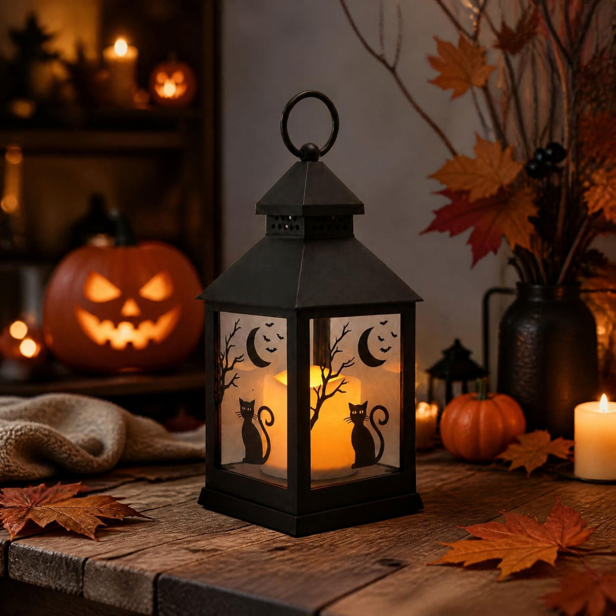 Halloween Black Metal Lantern with Glass – Cat