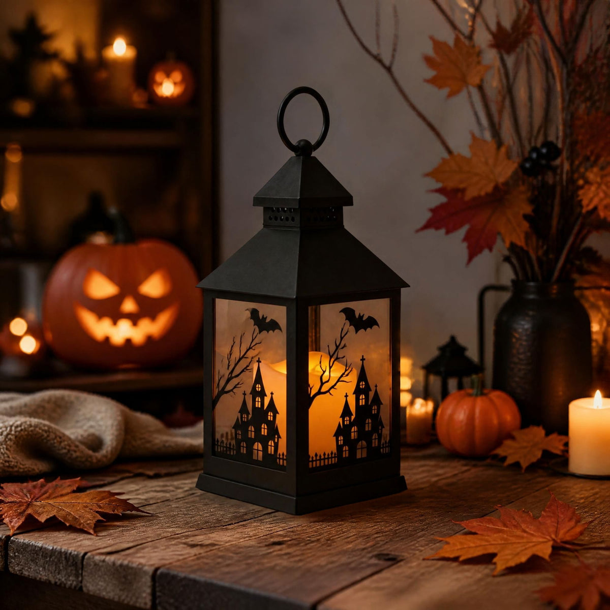 Halloween Black Metal Lantern with Glass – House