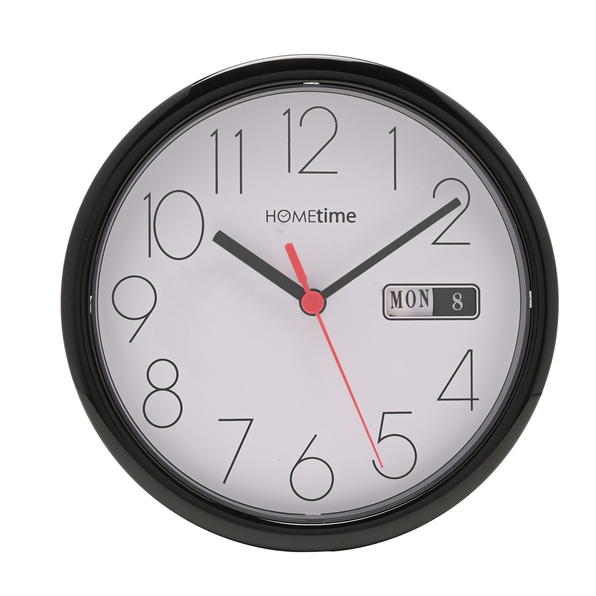 Hometime Day/Date Wall Clk-Black Case White Dial 8.5"Rnd