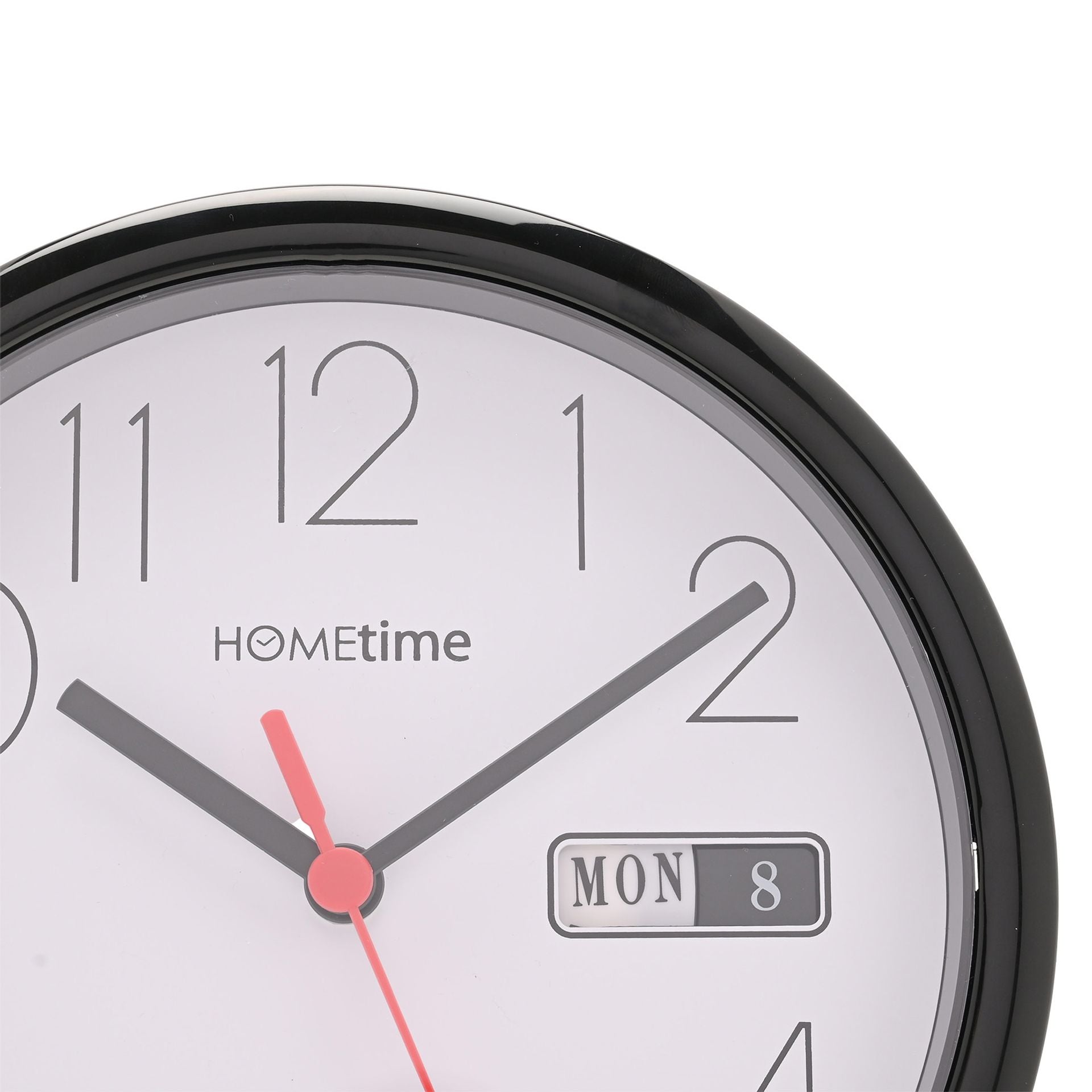 Hometime Day/Date Wall Clk-Black Case White Dial 8.5"Rnd
