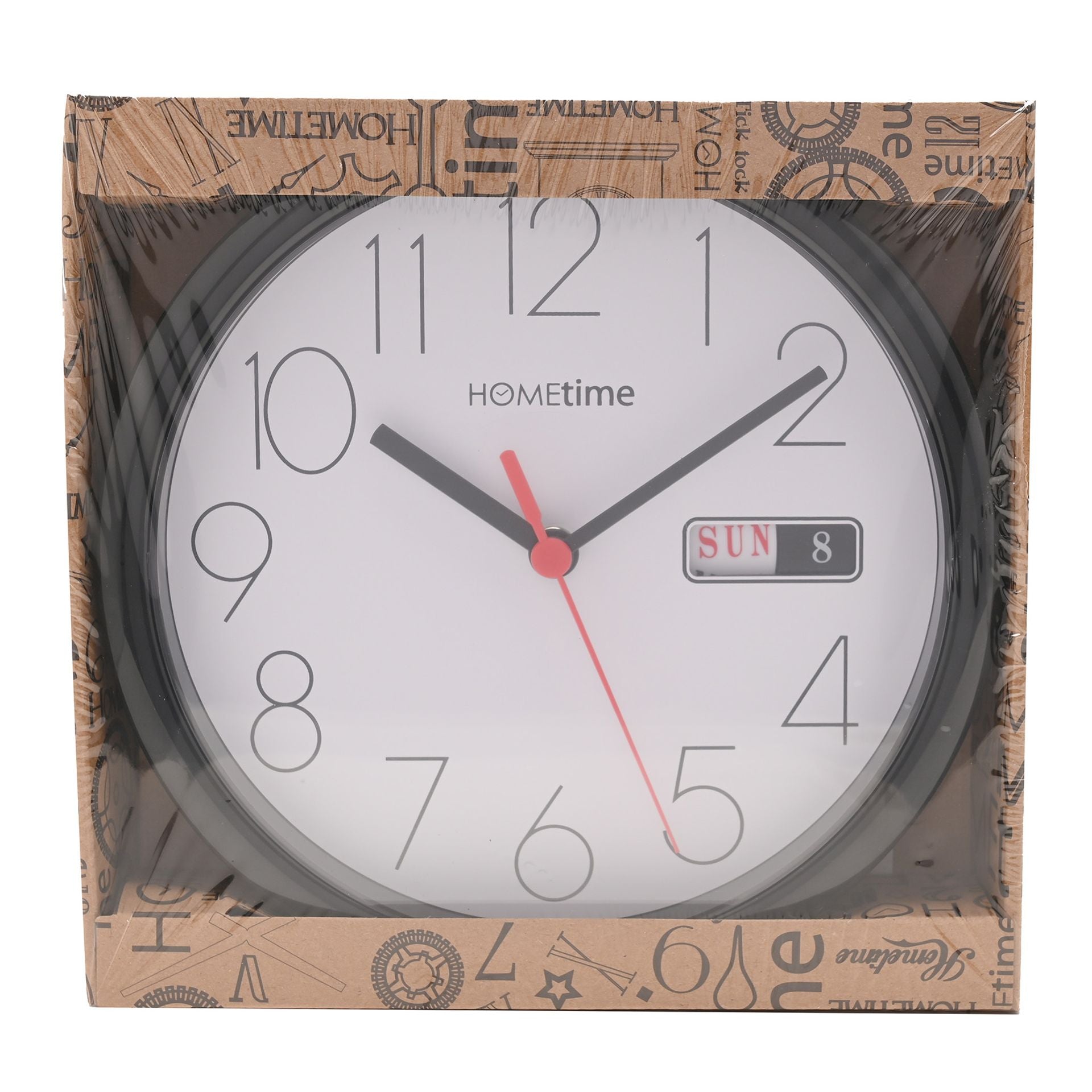 Hometime Day/Date Wall Clk-Black Case White Dial 8.5"Rnd