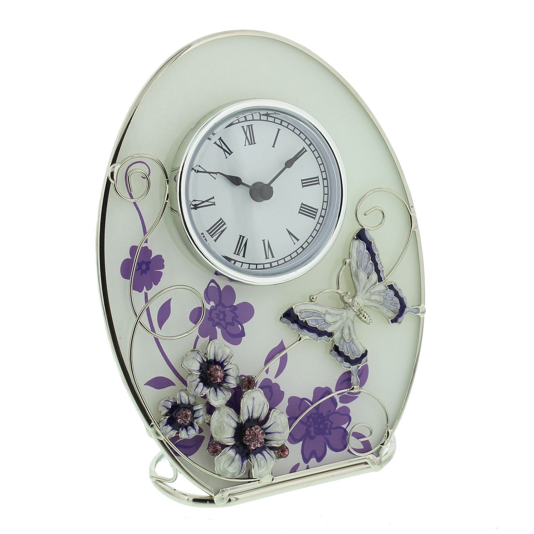 Glass Oval Clock Purple Butterfly/Flowers/Crystals