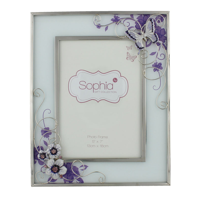 Glass Photo Frame Purple Butterfly/Flwrs/Cryst 5"x7"