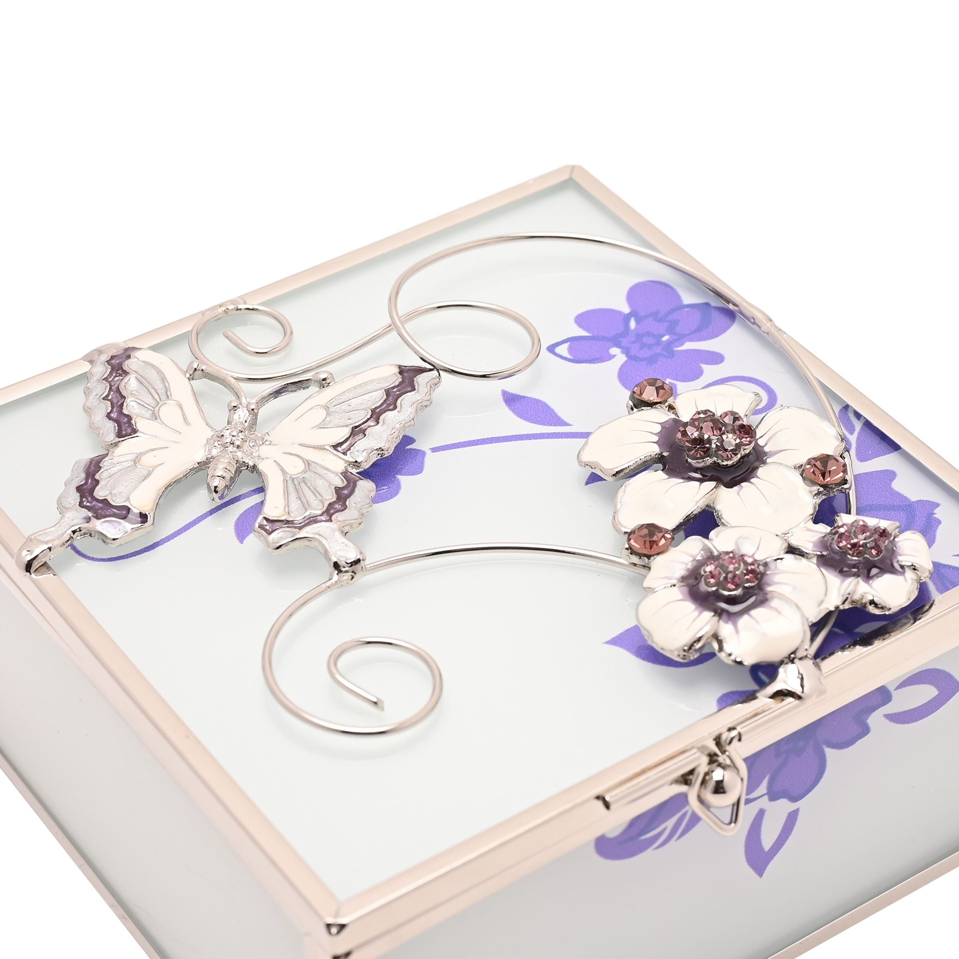 Glass Square Trinket Box Purple Butterfly/Flwrs/Crys