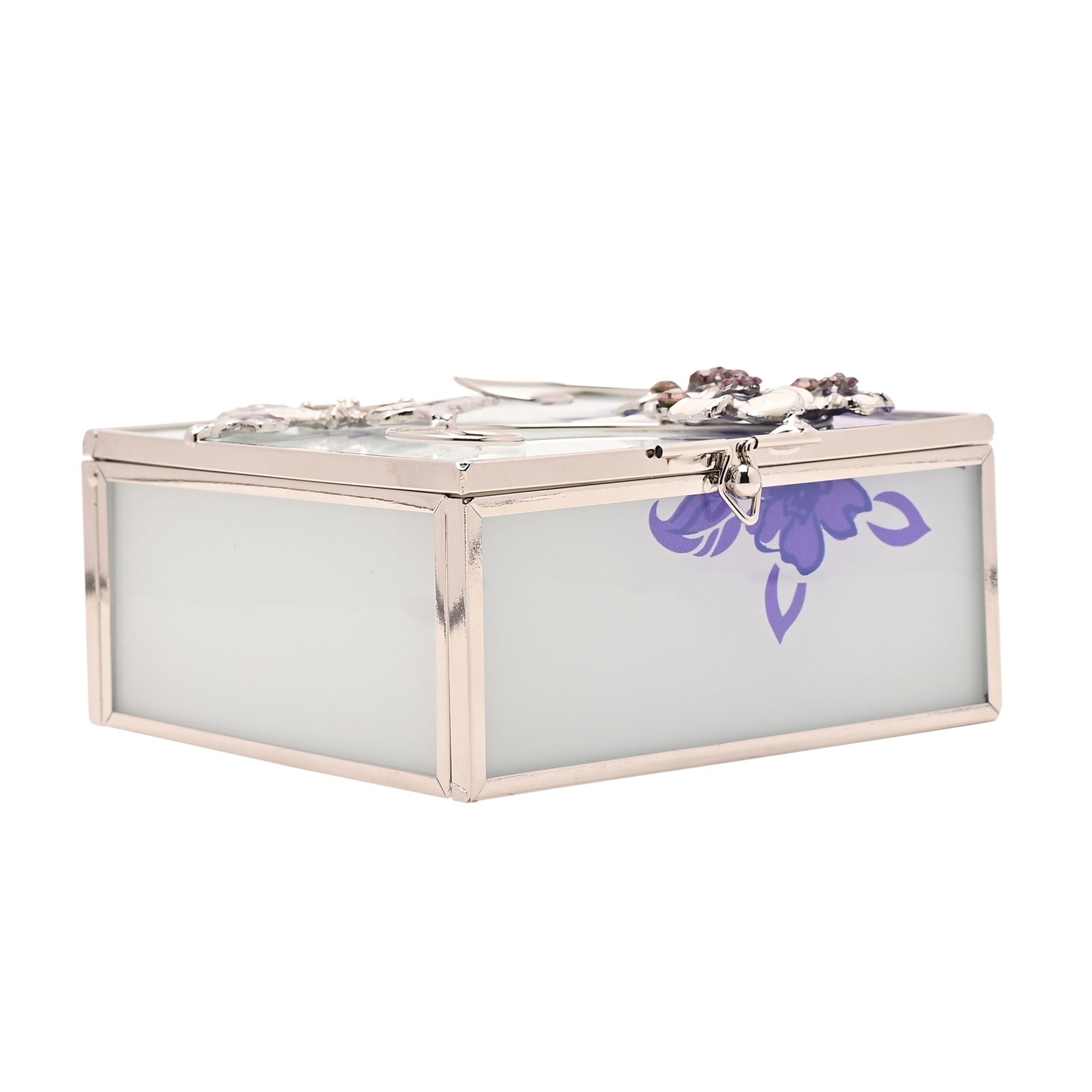 Glass Square Trinket Box Purple Butterfly/Flwrs/Crys