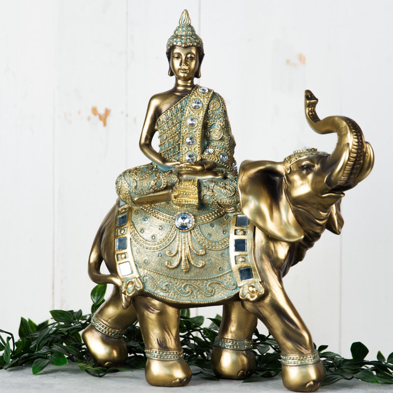 Verdigris Bronze Finish Buddha on Elephant Figurine 33cm