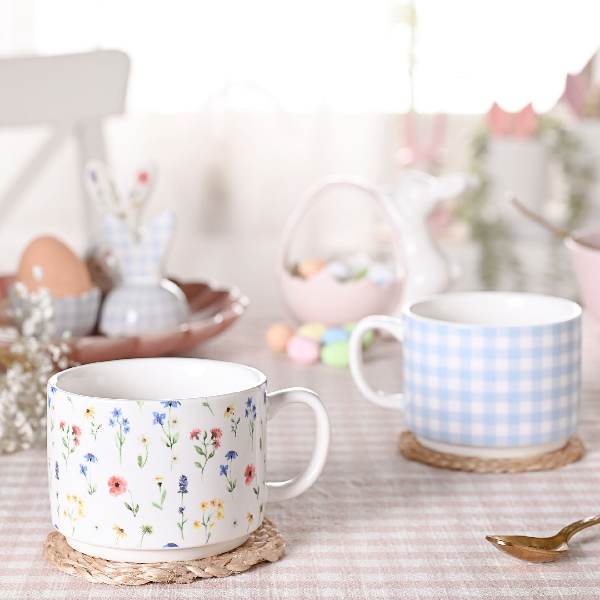Eggs-traordinary Gifting Set of 2 Stacking Mugs - Gingham and Flower Design