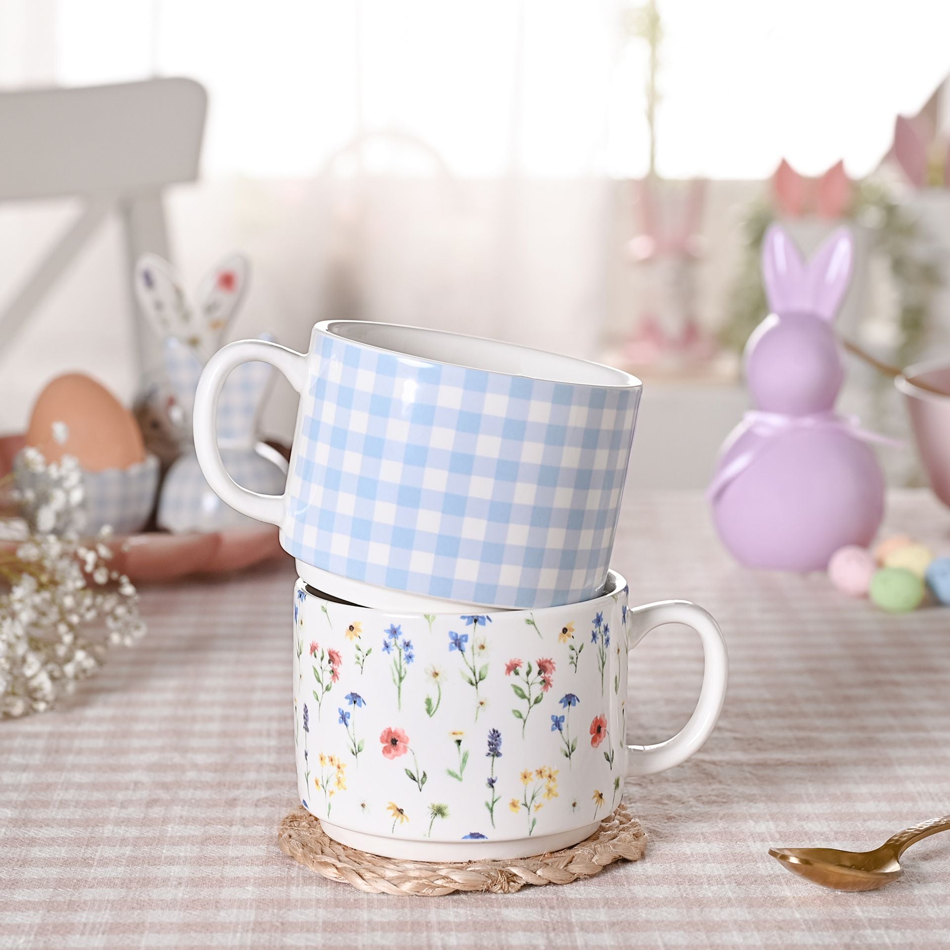 Eggs-traordinary Gifting Set of 2 Stacking Mugs - Gingham and Flower Design