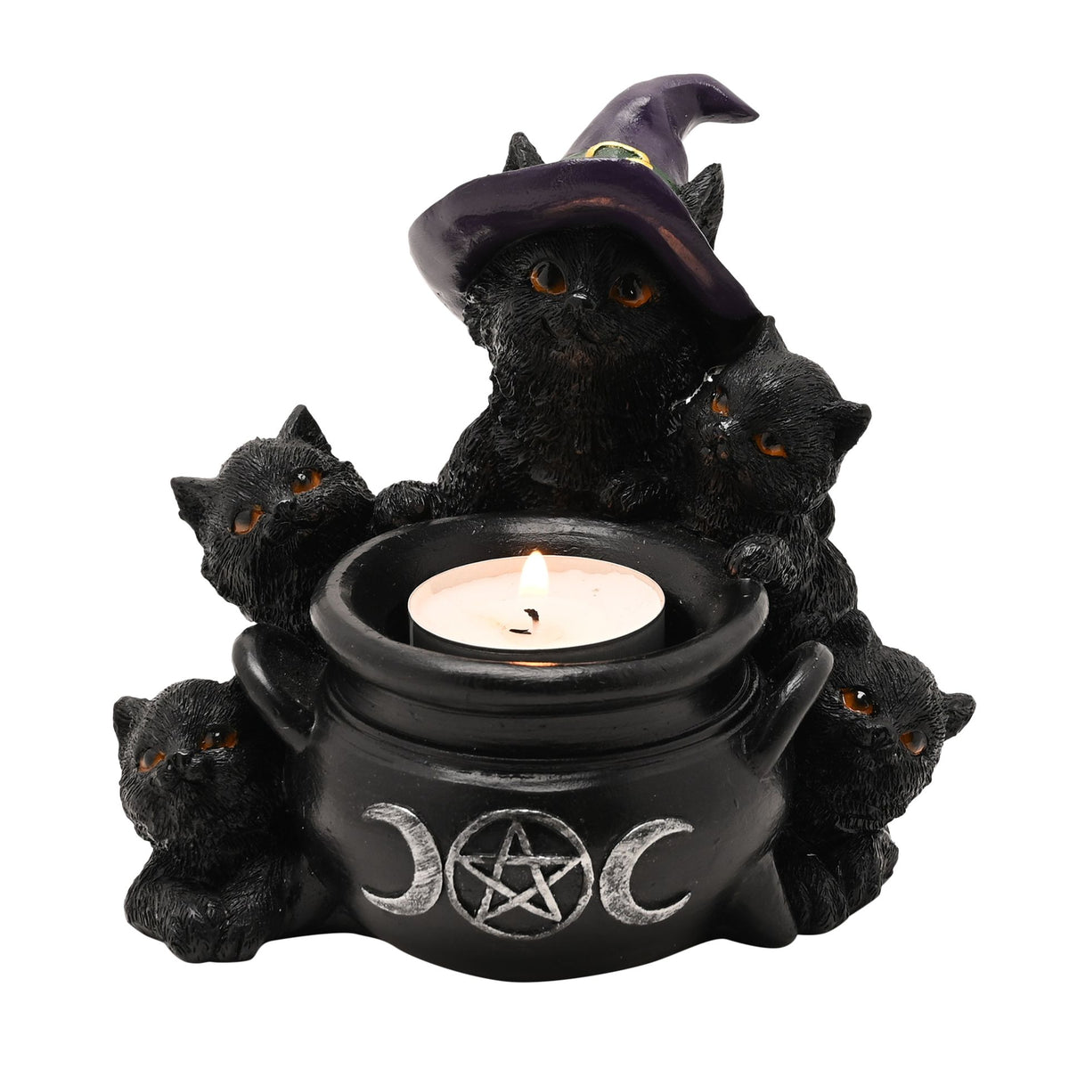 Mystic Legends Black Cats and Cauldron Tealight Holder