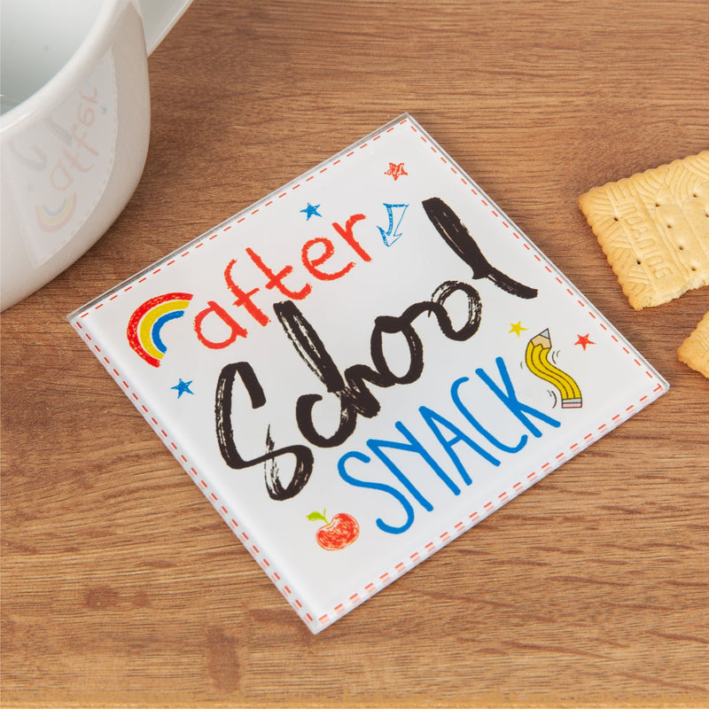 £0.75 each (£2.99 for 4)  After School Snack Glass Coasters