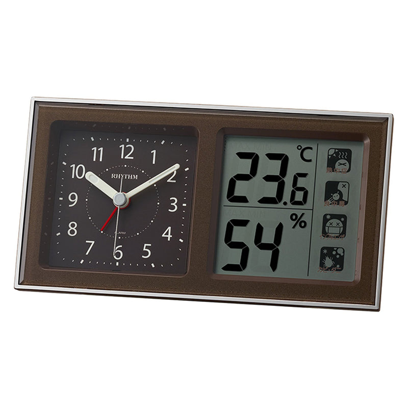 Rhythm LCD Alarm Clock with Environment Alert Display Brown