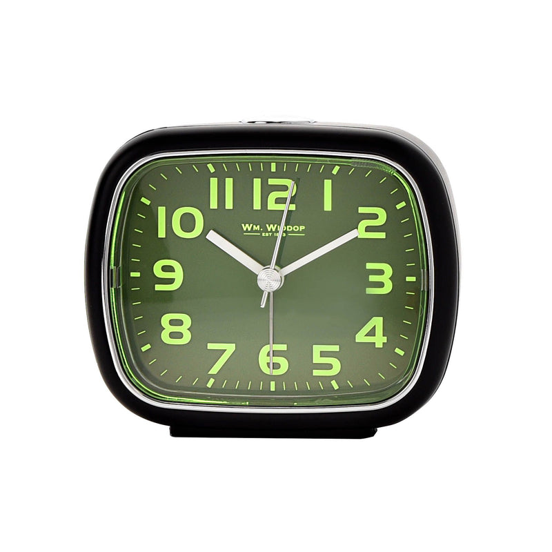 Wm. Widdop Silent Sweep Square Alarm Clock Green Dial -Black