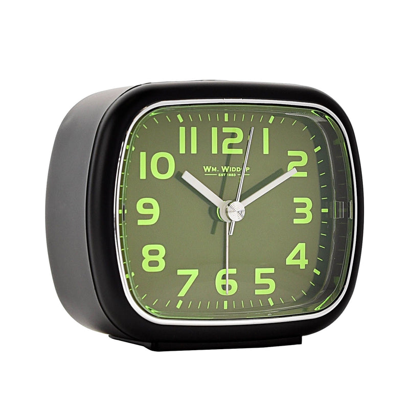 Wm. Widdop Silent Sweep Square Alarm Clock Green Dial -Black