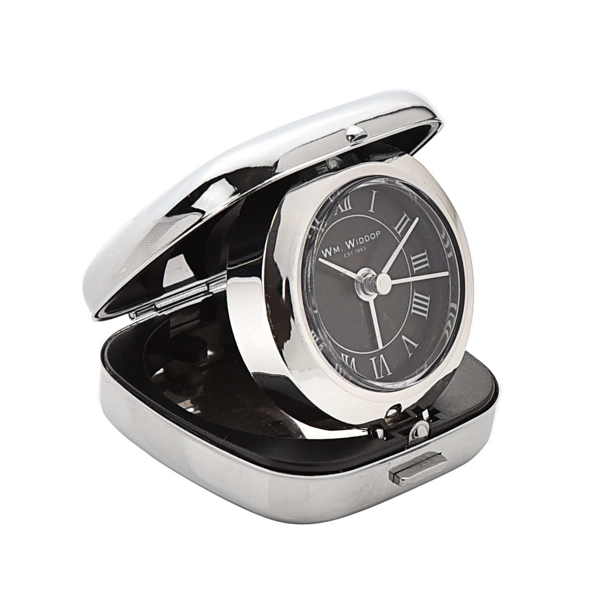 Wm Widdop Chrome Fold up cushion shape Alarm Black Dial