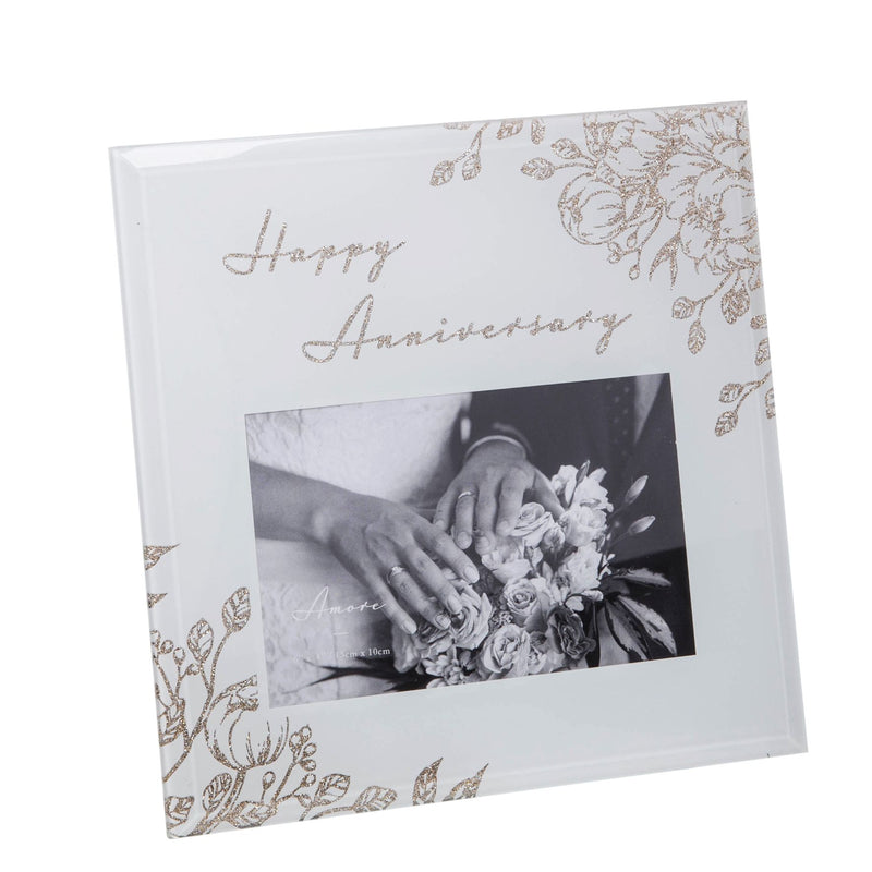 Happy Anniversary White Glass Gold Floral Frame 6" x 4"