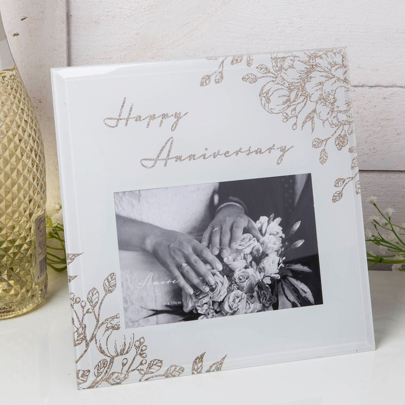 Happy Anniversary White Glass Gold Floral Frame 6" x 4"