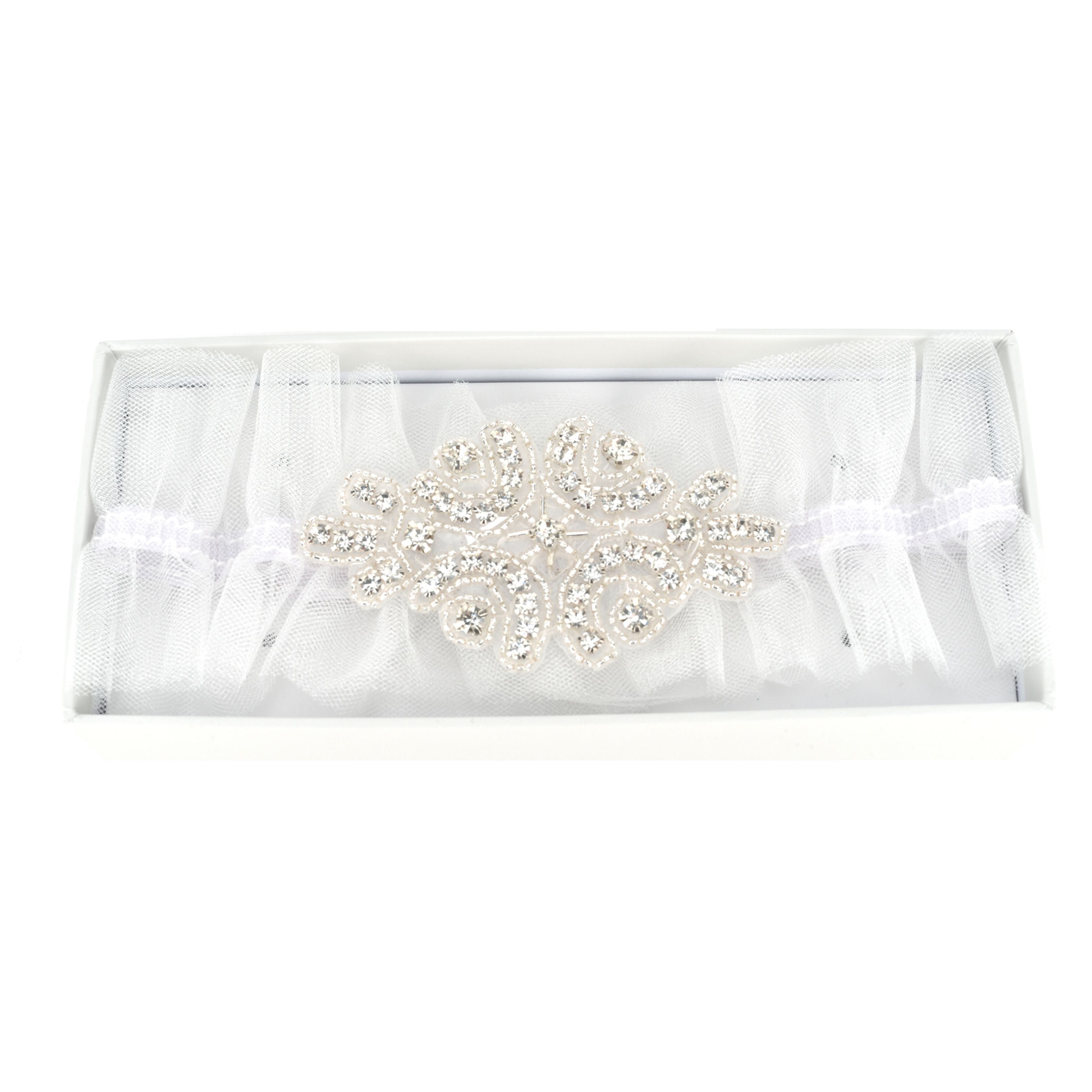 Amore Garter - White Tulle With Diamante