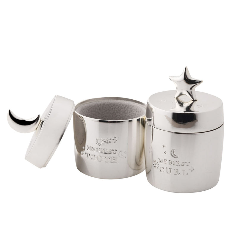 Bambino Silver Plated Barrel Shaped Tooth & Curl Keepsake Boxes - Star & Moon Design