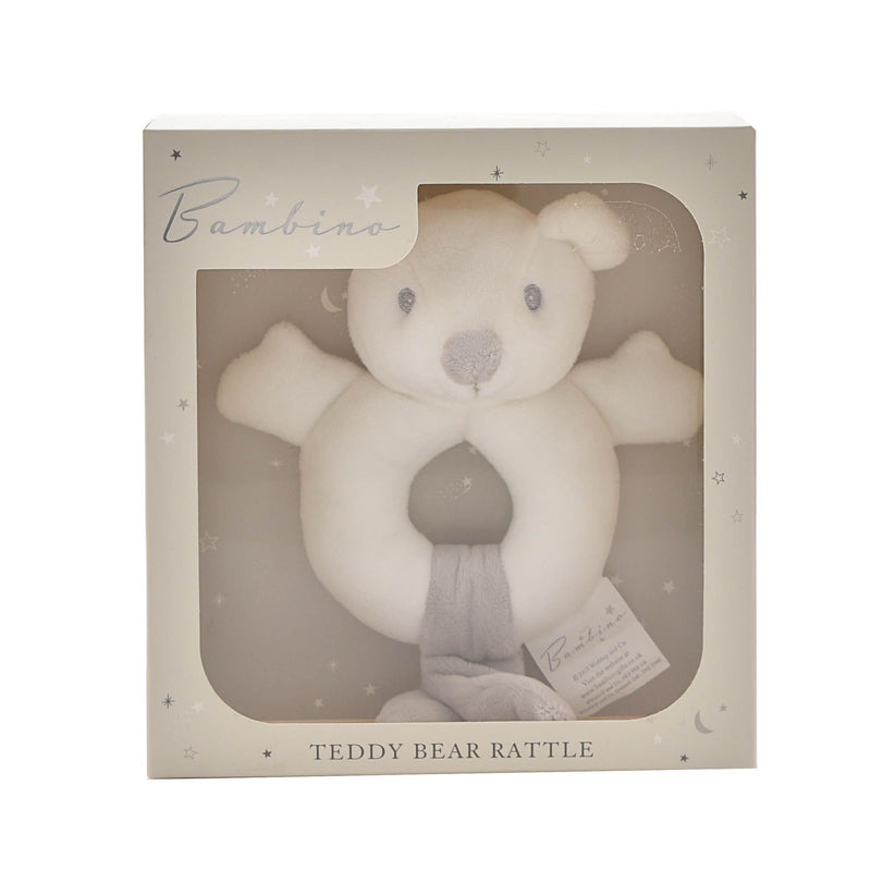 Bambino White Plush Rattle with Teddy Bear Icon 15cm