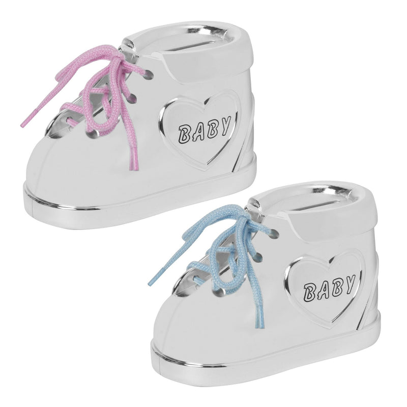 Bambino Silver Plated Baby Bootie Money Box Pink & Blue Lace