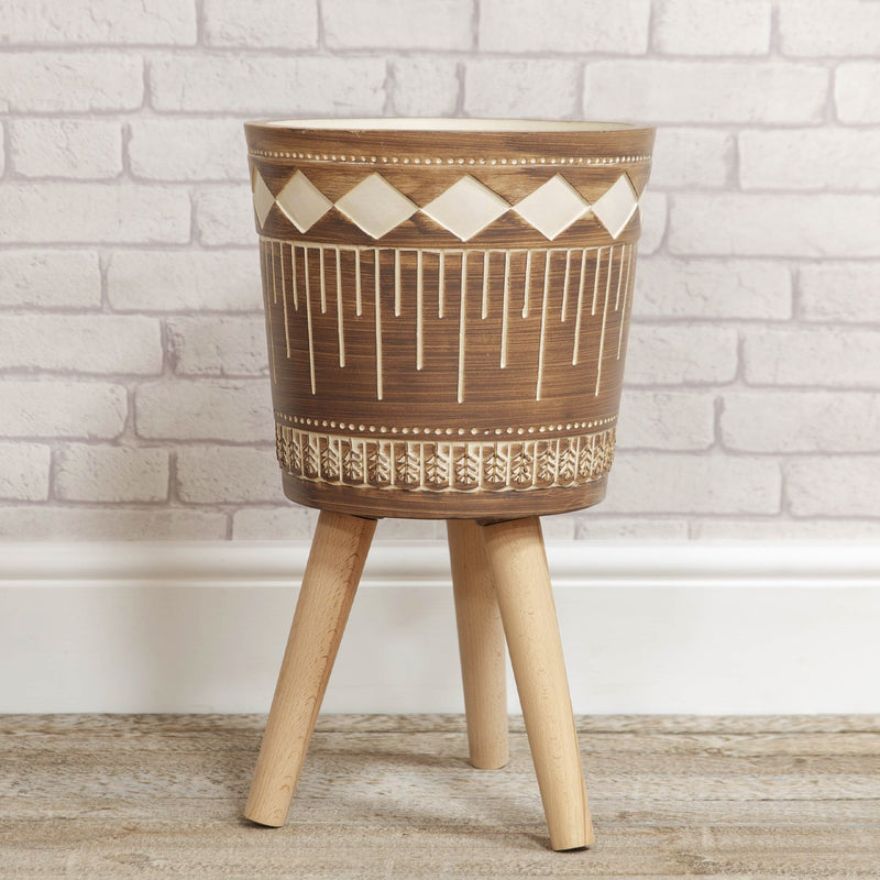 Ornate Fibre Clay Planter Brown with Wooden Legs Large