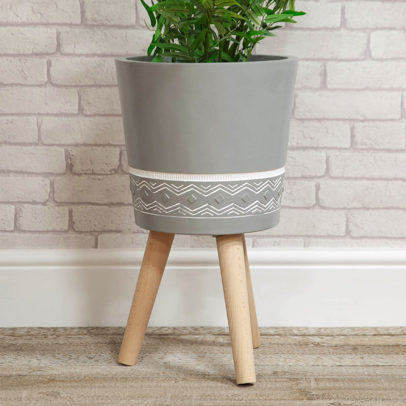 Ornate Fibre Clay Planter Grey with Wooden Legs Large