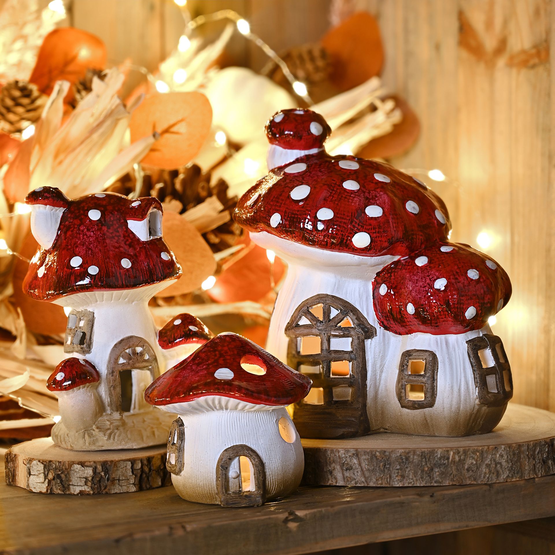Country Living Multi Toadstool Cottage with LED Light