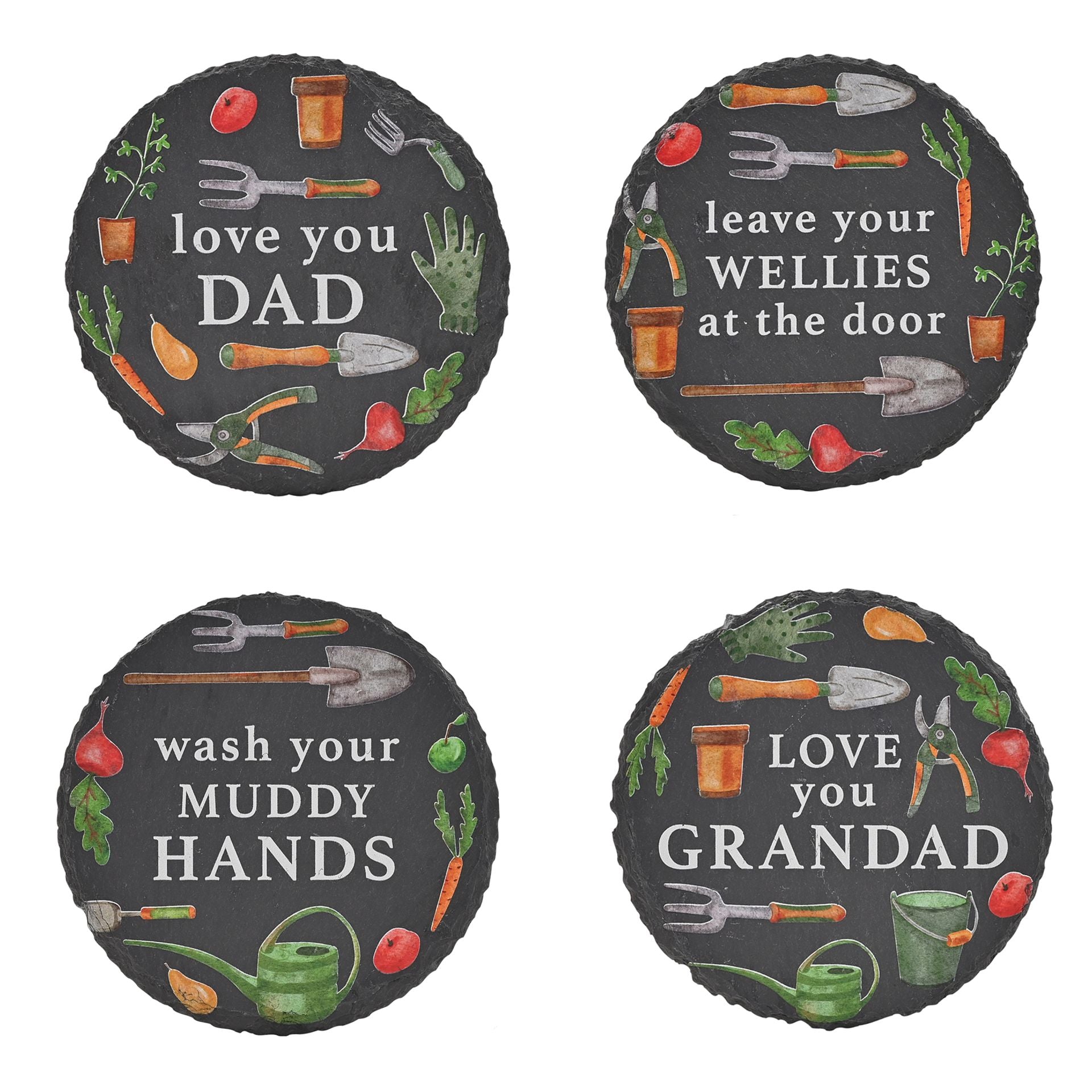 Country Living Set Of 4 Round Slate Coasters - Garden Tools