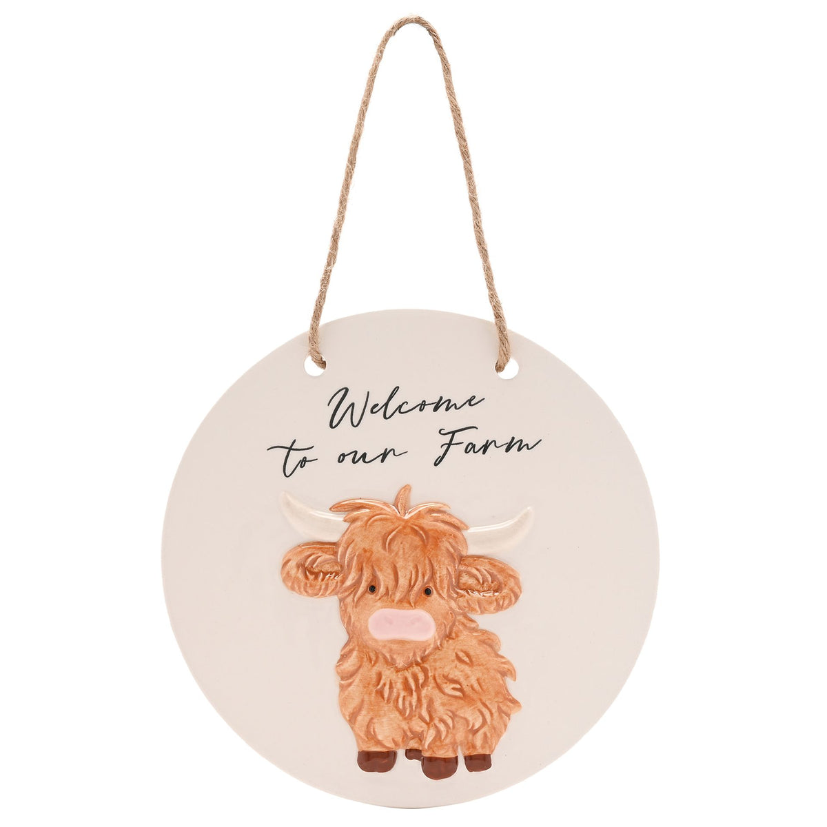 Country Living Highland Cow Round Plaque "Welcome to our Farm"