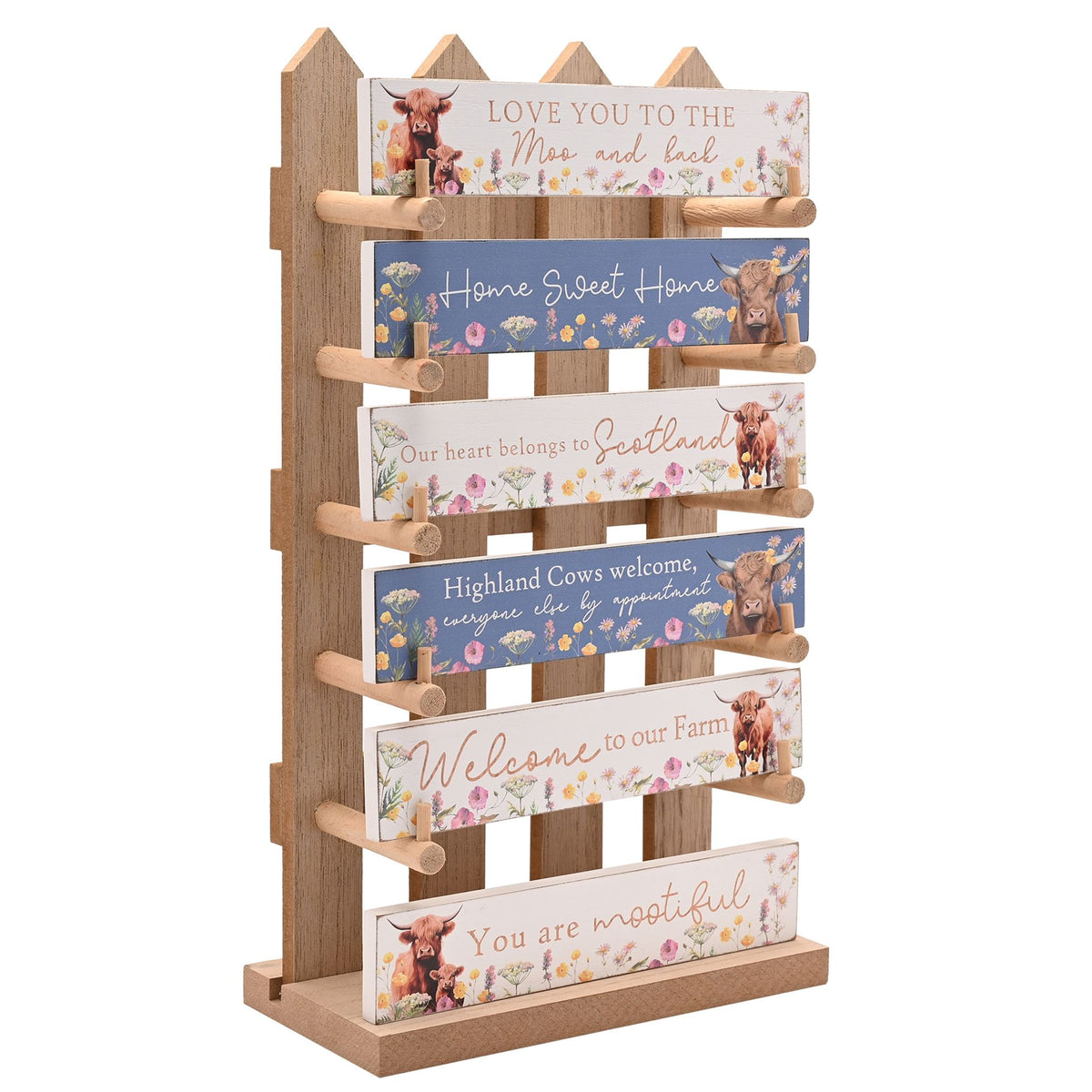 Country Living Set of 36 Highland Cow Plaques and Display Stand - 6 Designs