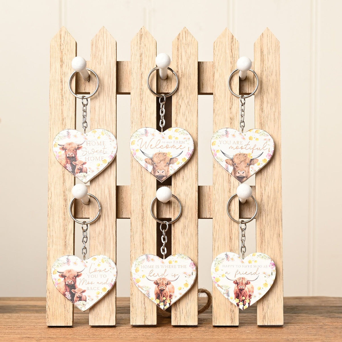 Country Living Highland Cow Set of 36 Keyrings with Display Stand - 6 Designs