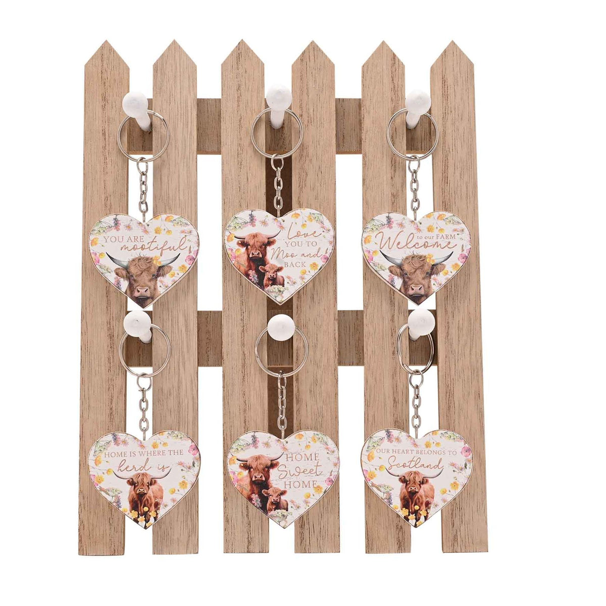 Country Living Highland Cow Set of 36 Keyrings with Display Stand - 6 Designs