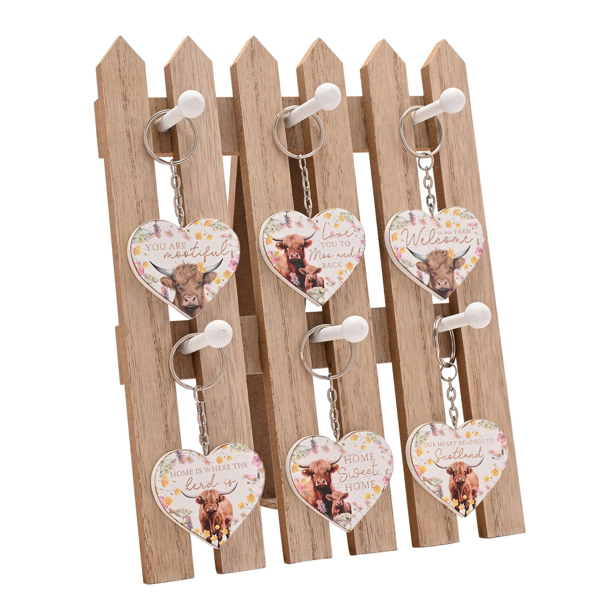 Country Living Highland Cow Set of 36 Keyrings with Display Stand - 6 Designs