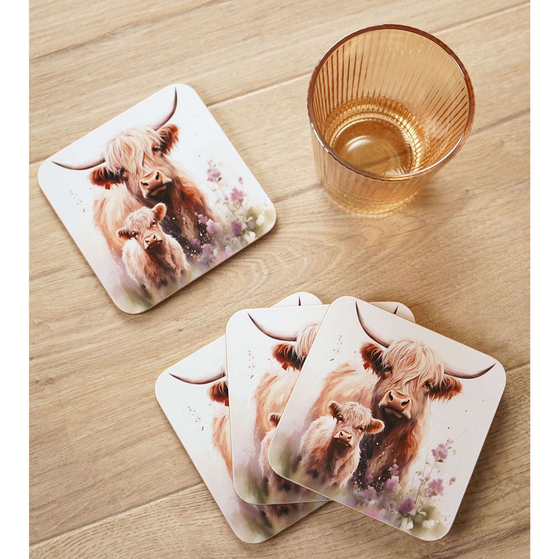 Country Living Highland Cow and Calf set of 4 Coasters