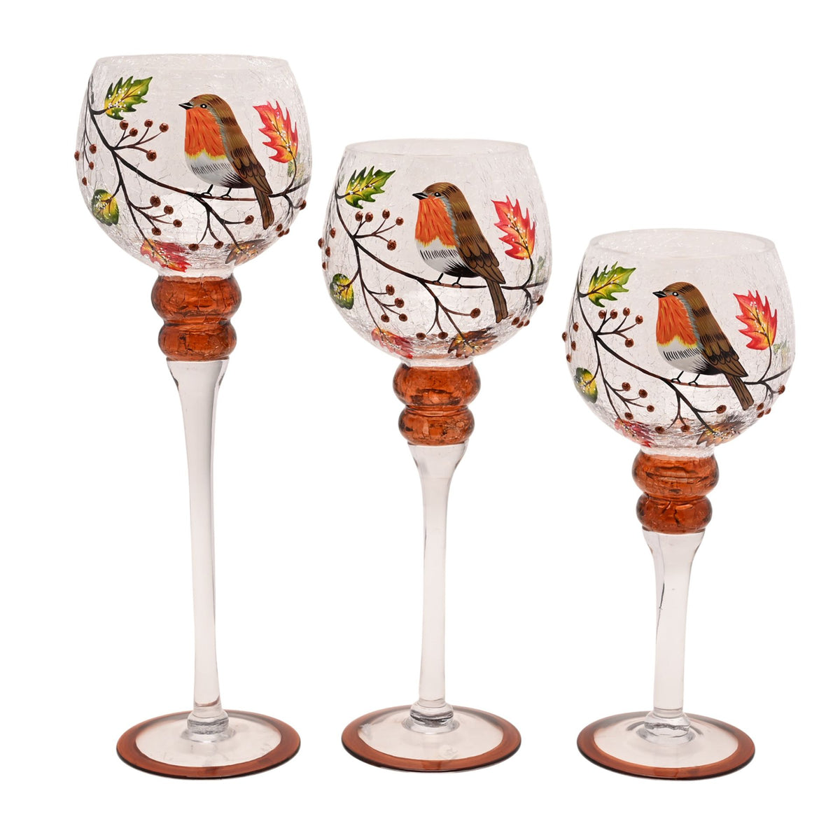 Set of 3 Country Living Autumn Robin Candle Holder 13x30cm, 13x35cm & 13x40cm