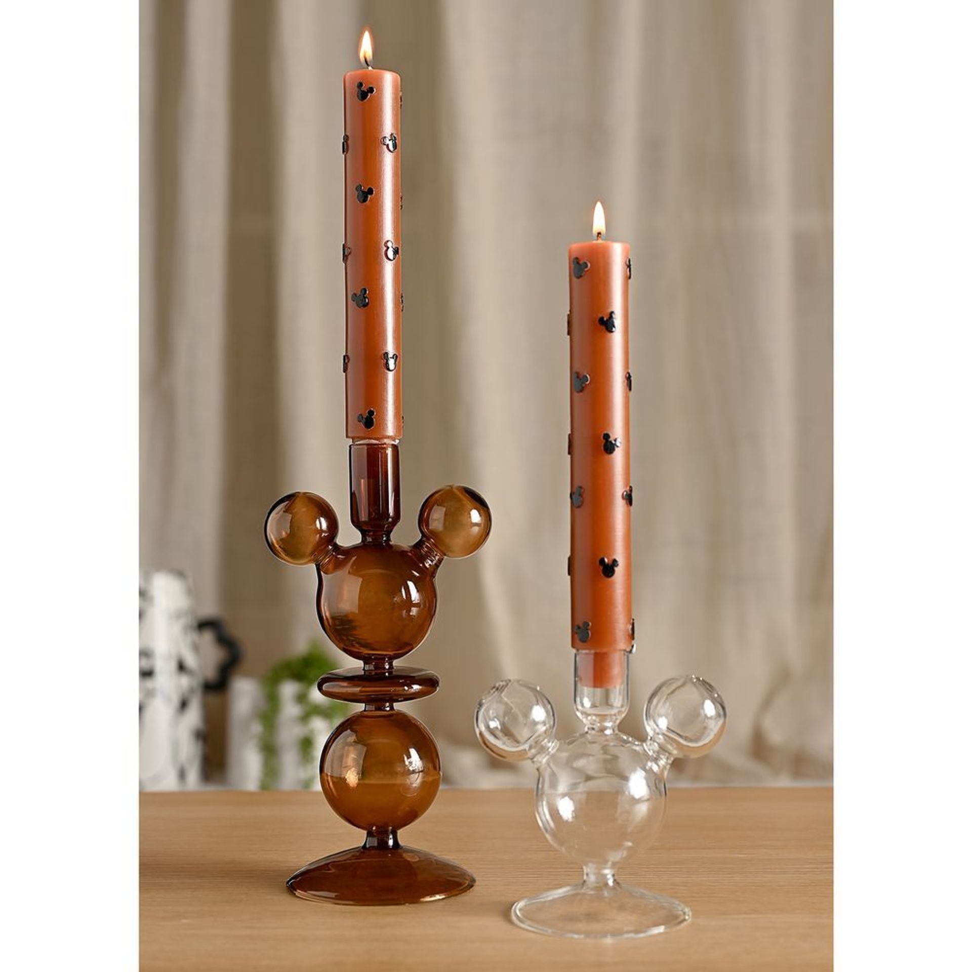 Disney Set Of 2 Mickey Shaped Glass Taper Candle Holders