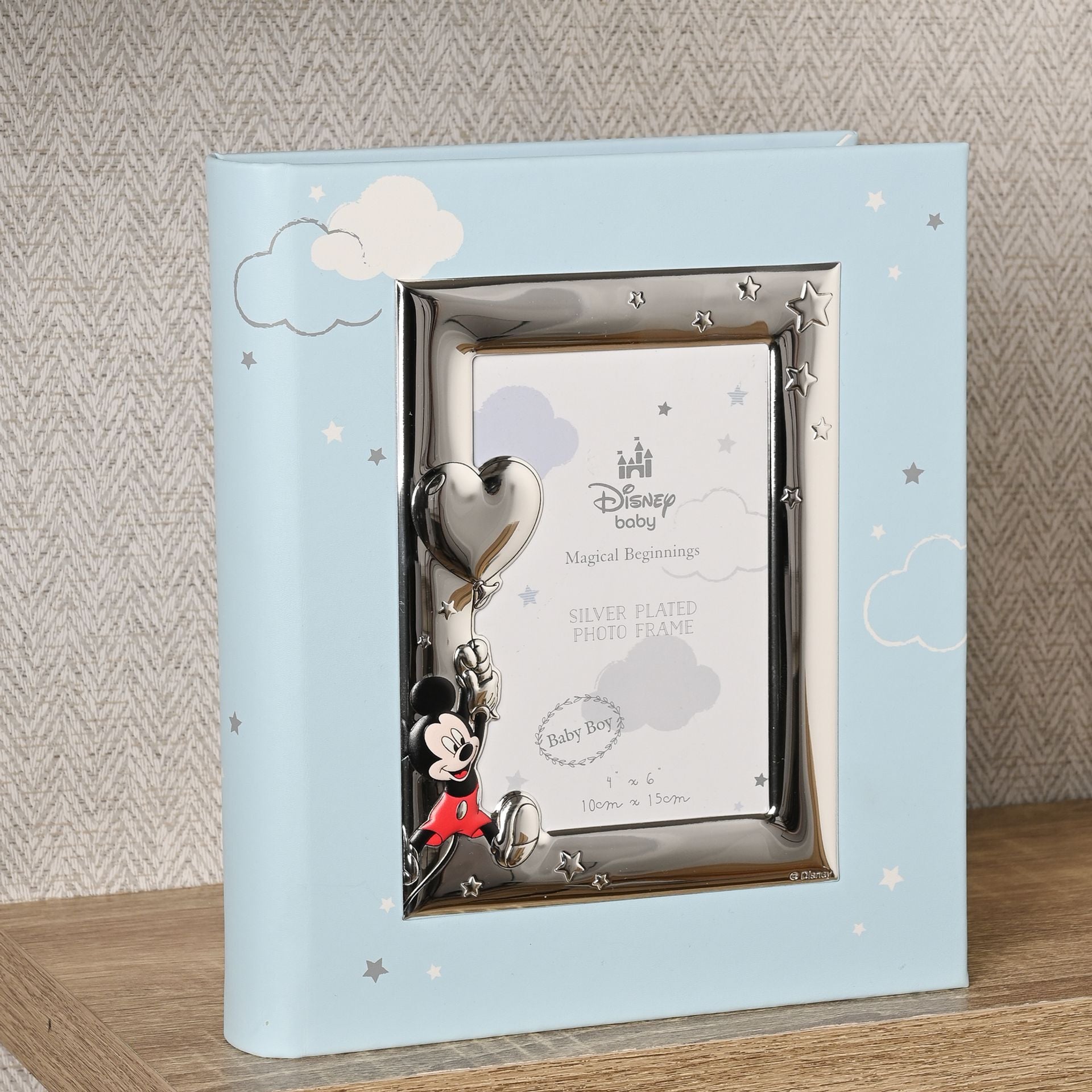 Disney Mickey Mouse With Balloon Silver 999 Plated Album With Frame 8" x 10" - Faux Leather With Four Colours