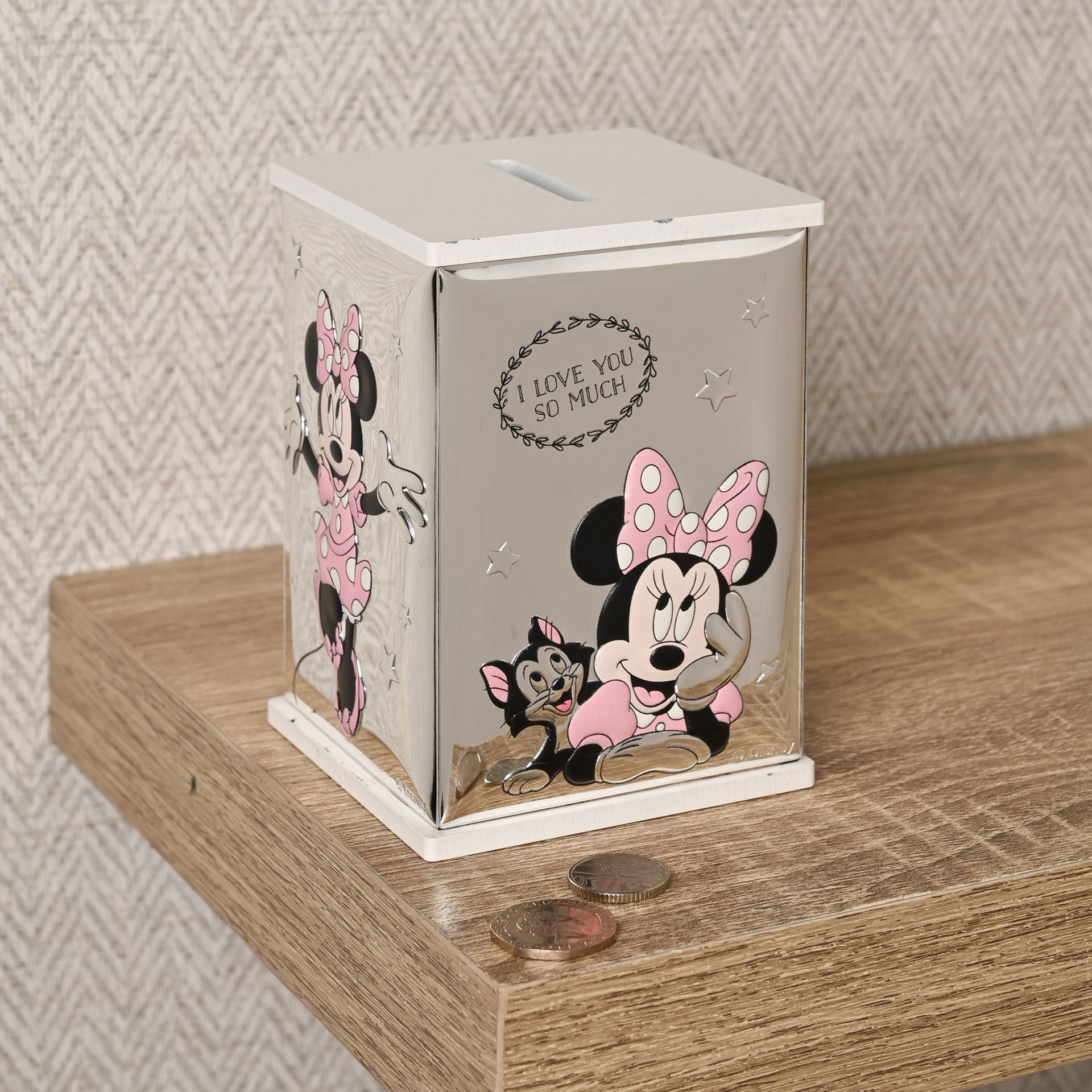 Disney Minnie Mouse Real 999 Silver Plate Money Bank - White Wood