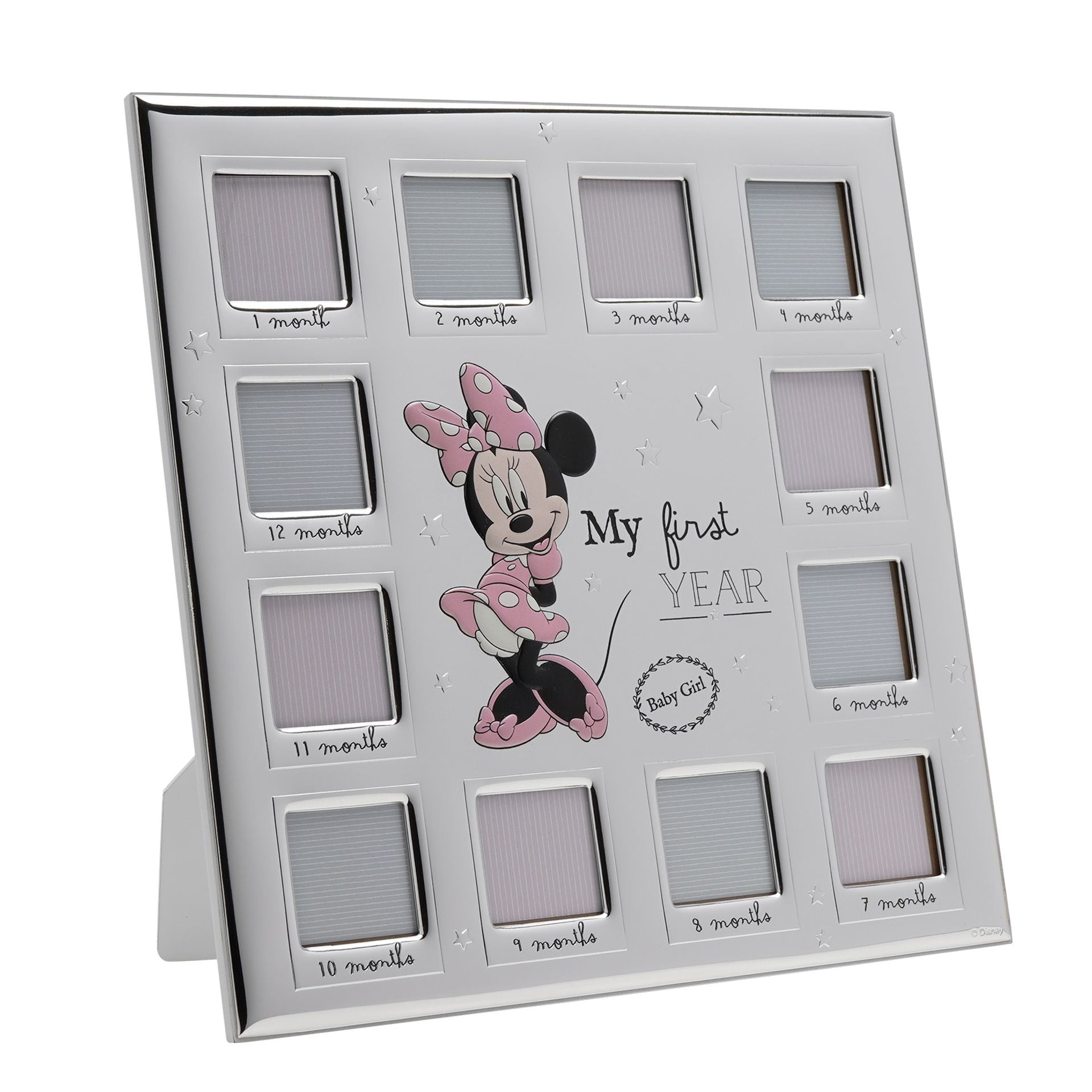 Disney Minnie Mouse 12 Month Multi Aperture Real 999 Silver Plate Frame With White Wooden Back