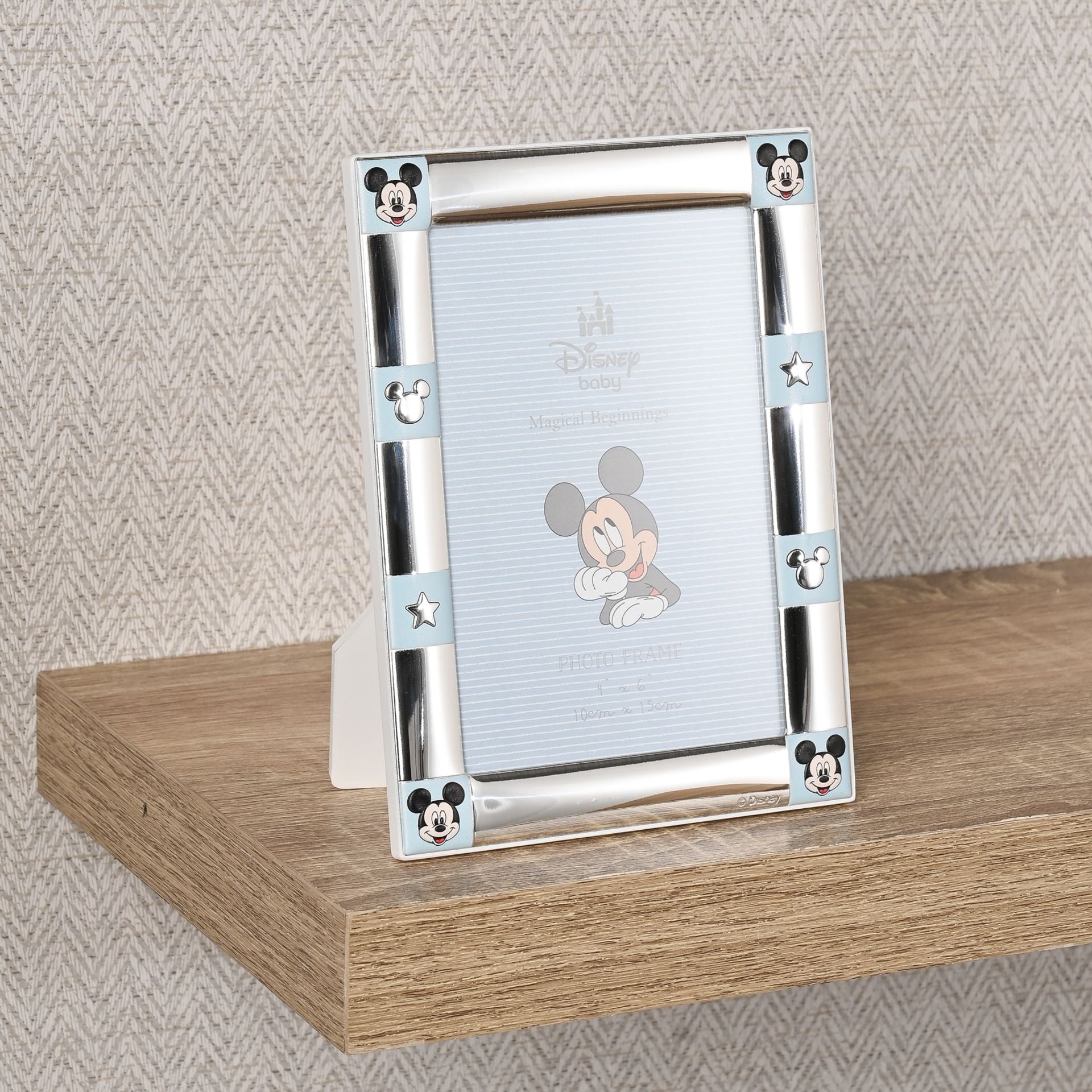 Disney 4" x 6" Mickey Mouse Border Silver 999 Plated Frame With White Wooden Back